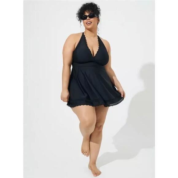 Torrid 1 Plus Size 1X Black Deep V-Neck Wireless Mid Length Lace Trim Swim Dress - Picture 1 of 11